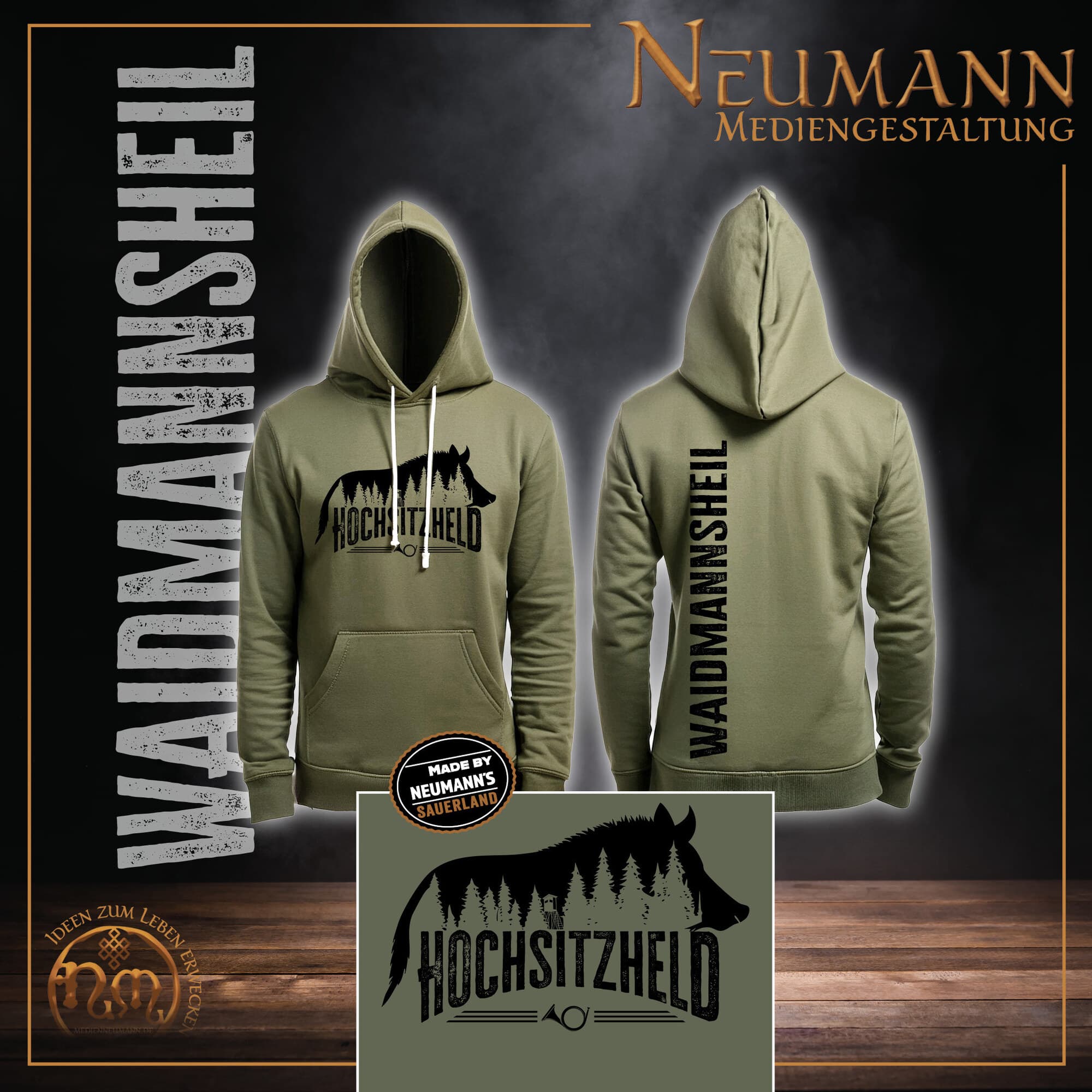 Olivgrüner Hoodie mit Jagdmotiv und Sauerland-Schriftzug