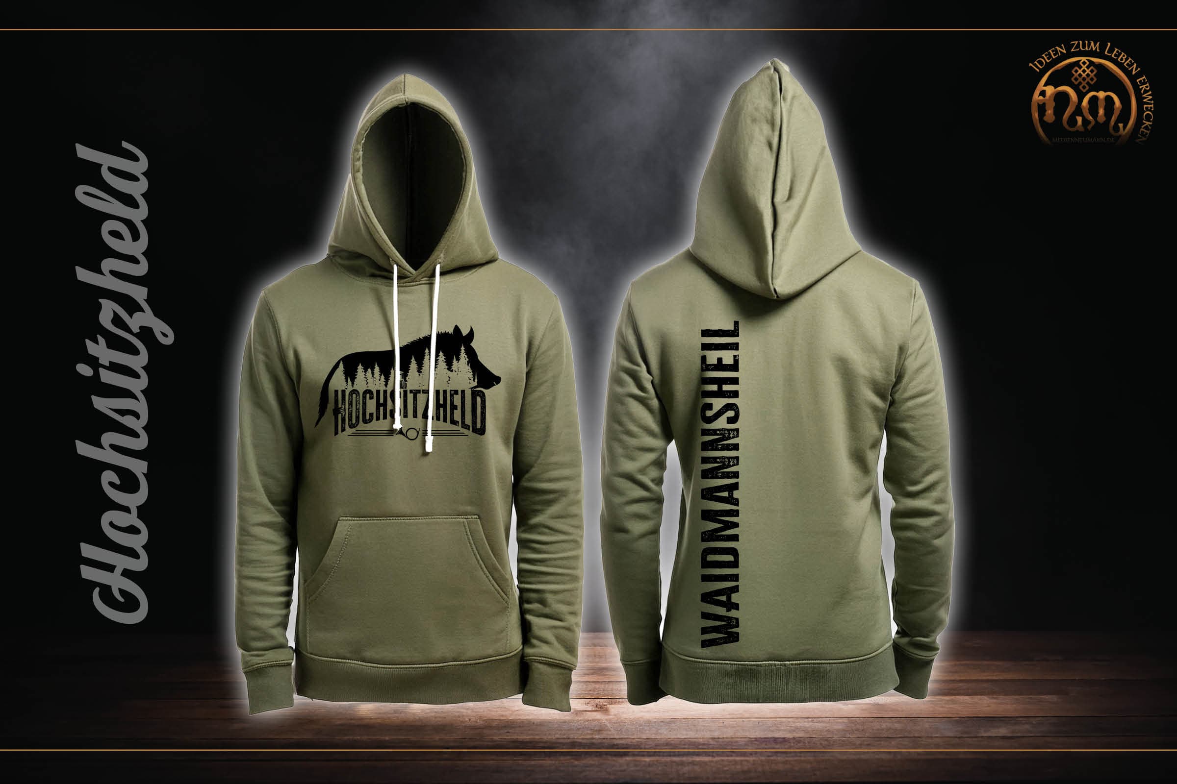 Olivgrüner Hoodie mit Jagdmotiv „Hochsitzheld" und Sauerland-Schriftzug