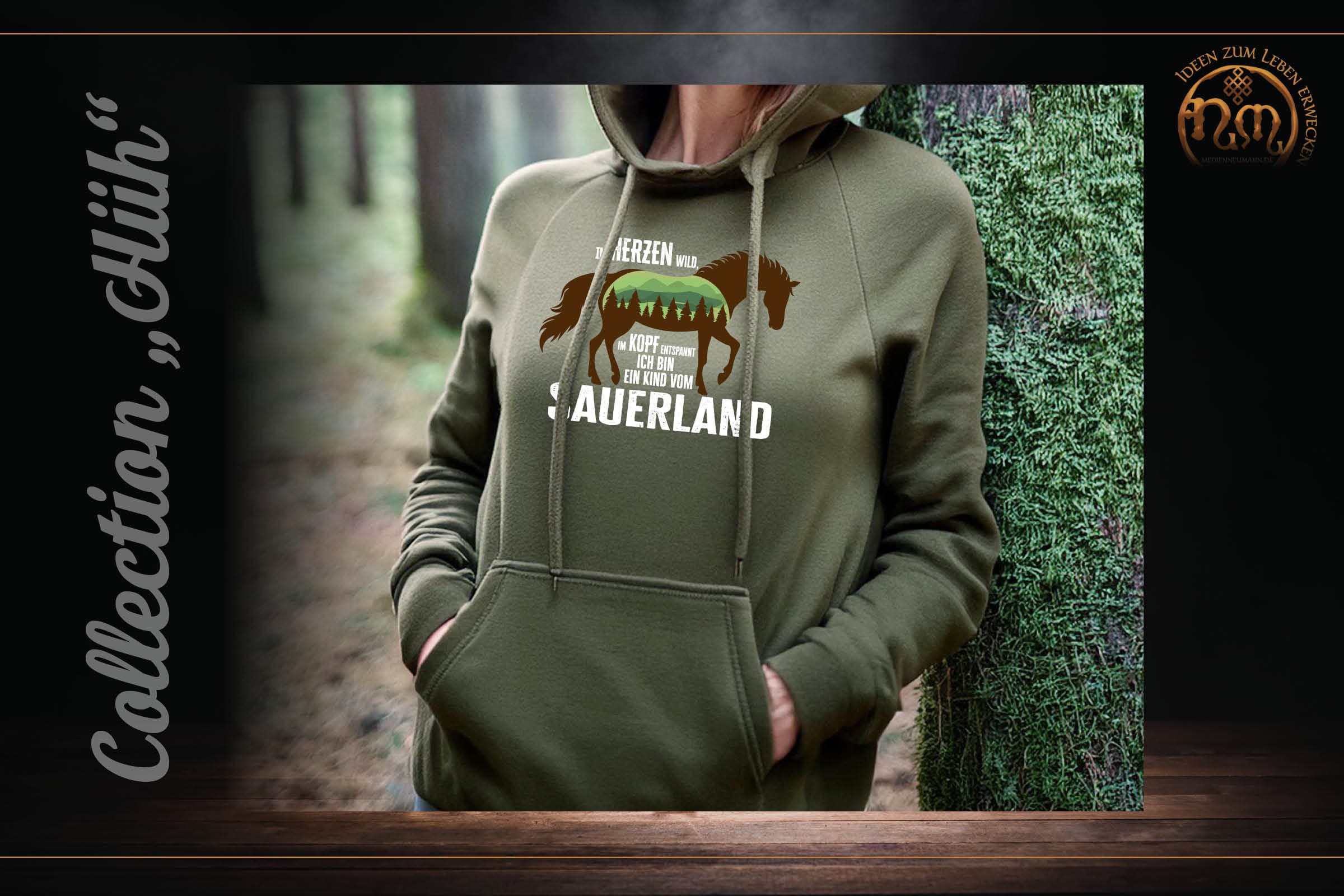 Olivgrüner Hoodie mit Sauerland-Motiv "Hüh" aus der eigenen Made-by-Sauerland-Kollektion
