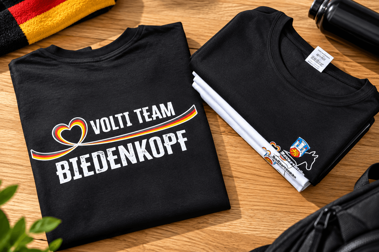 Schwarze und weiße T-Shirts mit Vereinsmotiv bedruckt auf Rücken und linker Brustseite